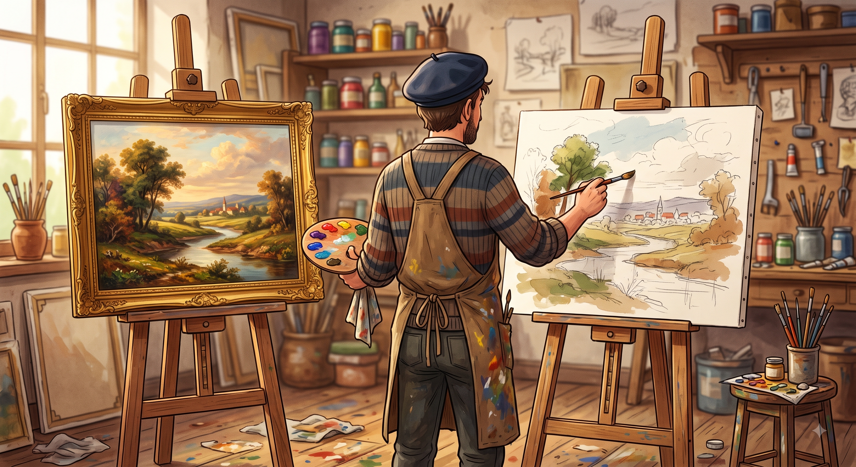 Artista pintando dos cuadros